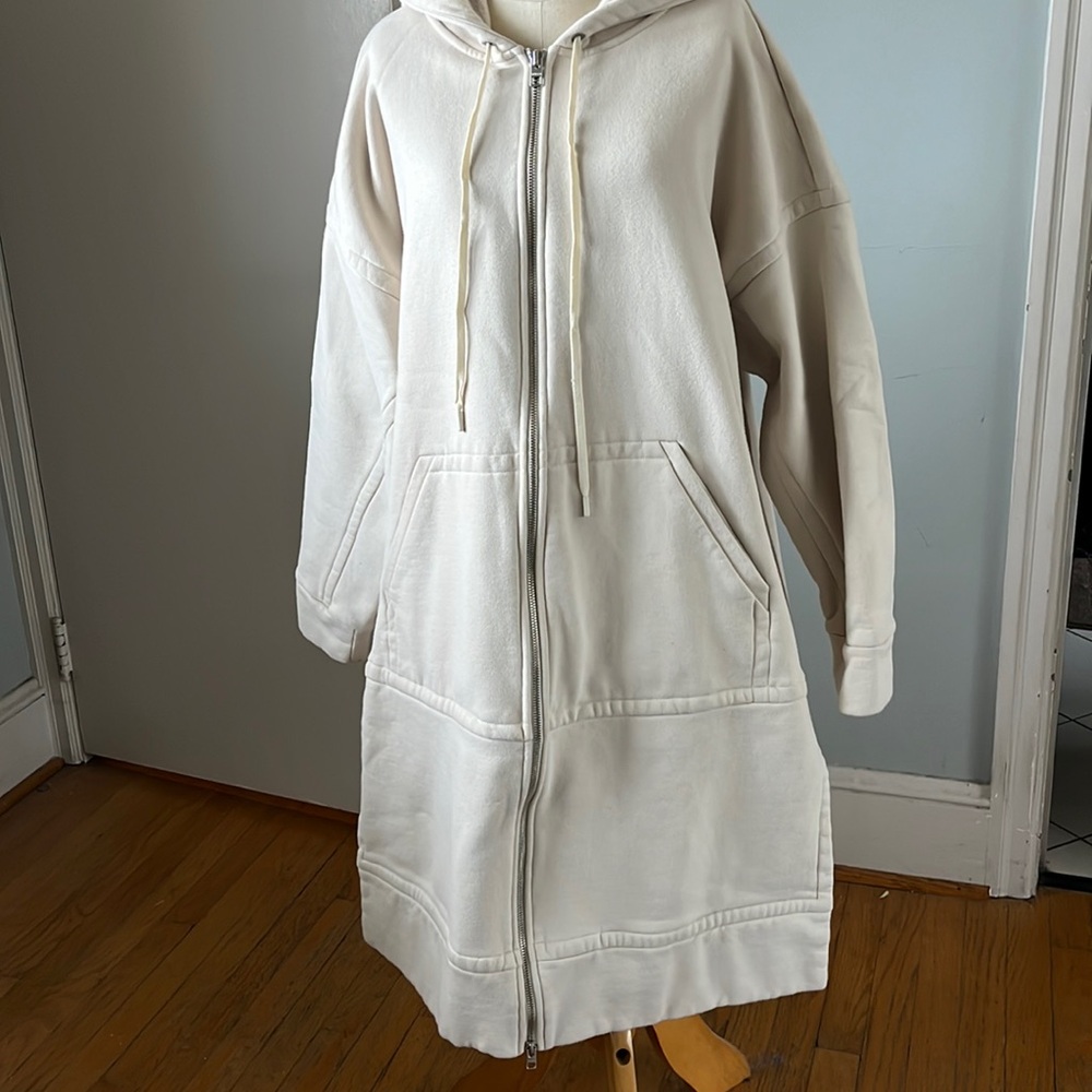 Athleta Long Length Zip Front Hoodie, Side Slits, Cream extra large